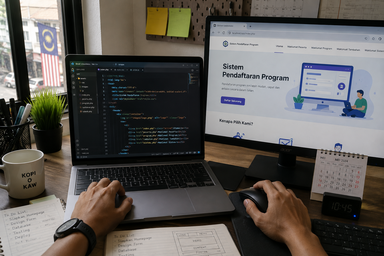Laptop and monitor showing the code and homepage of a custom program registration system website