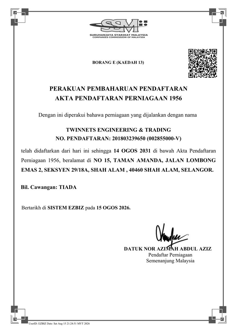 SSM business registration certificate for Twinnets Engineering & Trading